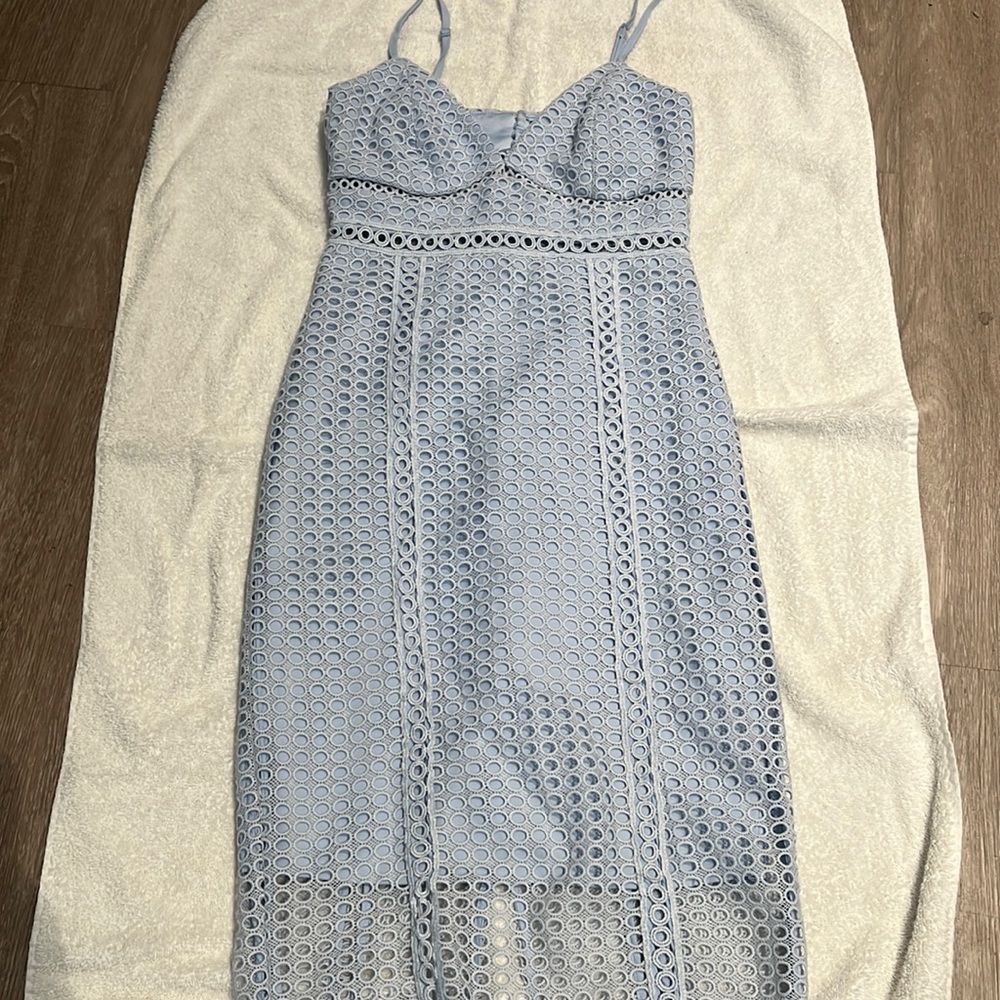 Baby Blue Bardot Dress from Nordstrom. Eyelet design. Button and zip closure.